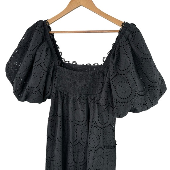 Farm Rio NEW Black Eyelet Pineapple Cotton Puff Sleeve Maxi Dress Size S - Picture 6 of 8